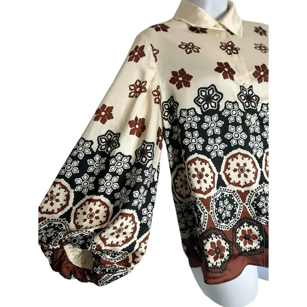 Tanya Taylor Marina Baloon Sleeve Silky Blouse Boho Luxe Resort Button Front XS